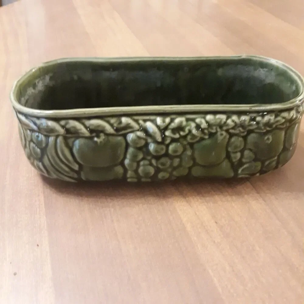 Vintage Green Ceramic Pottery Planter Raised Fruit Motif Mid Century Modern